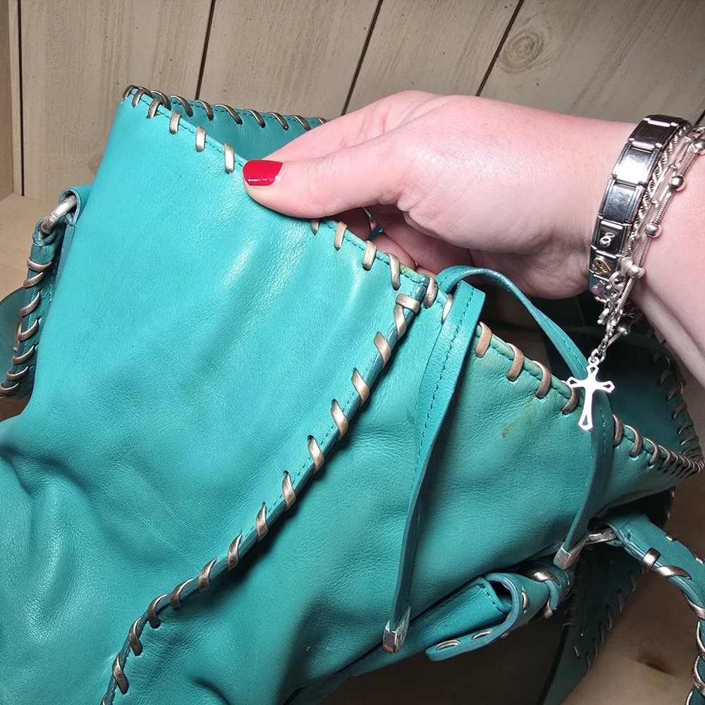 Vtg Y2k Rare Michael Kors Teal Woven Whipstitch Leather Satchel Shoulder Handbag - Picture 11 of 15